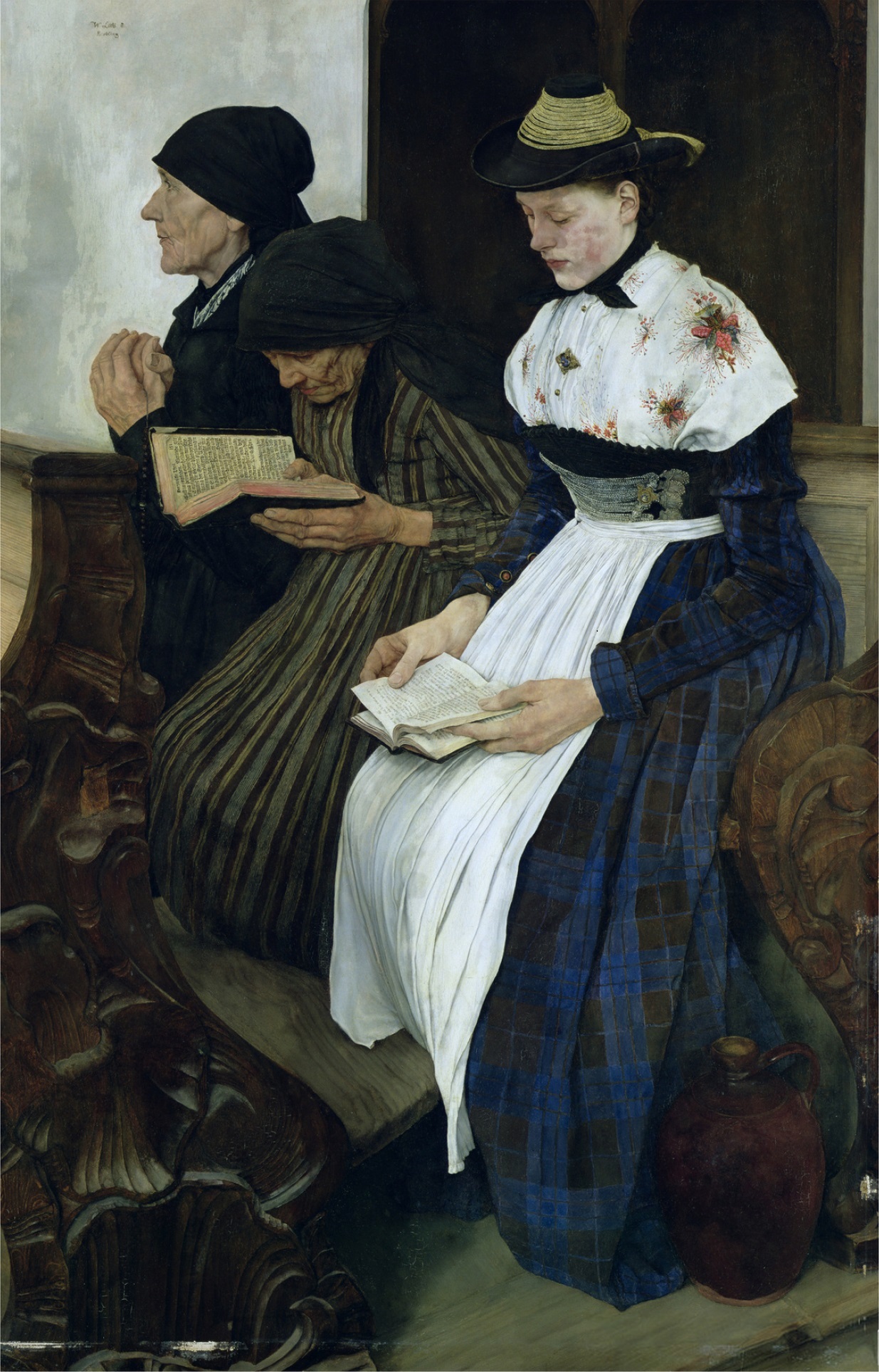 Three Women in Church, 1882 (oil on panel)